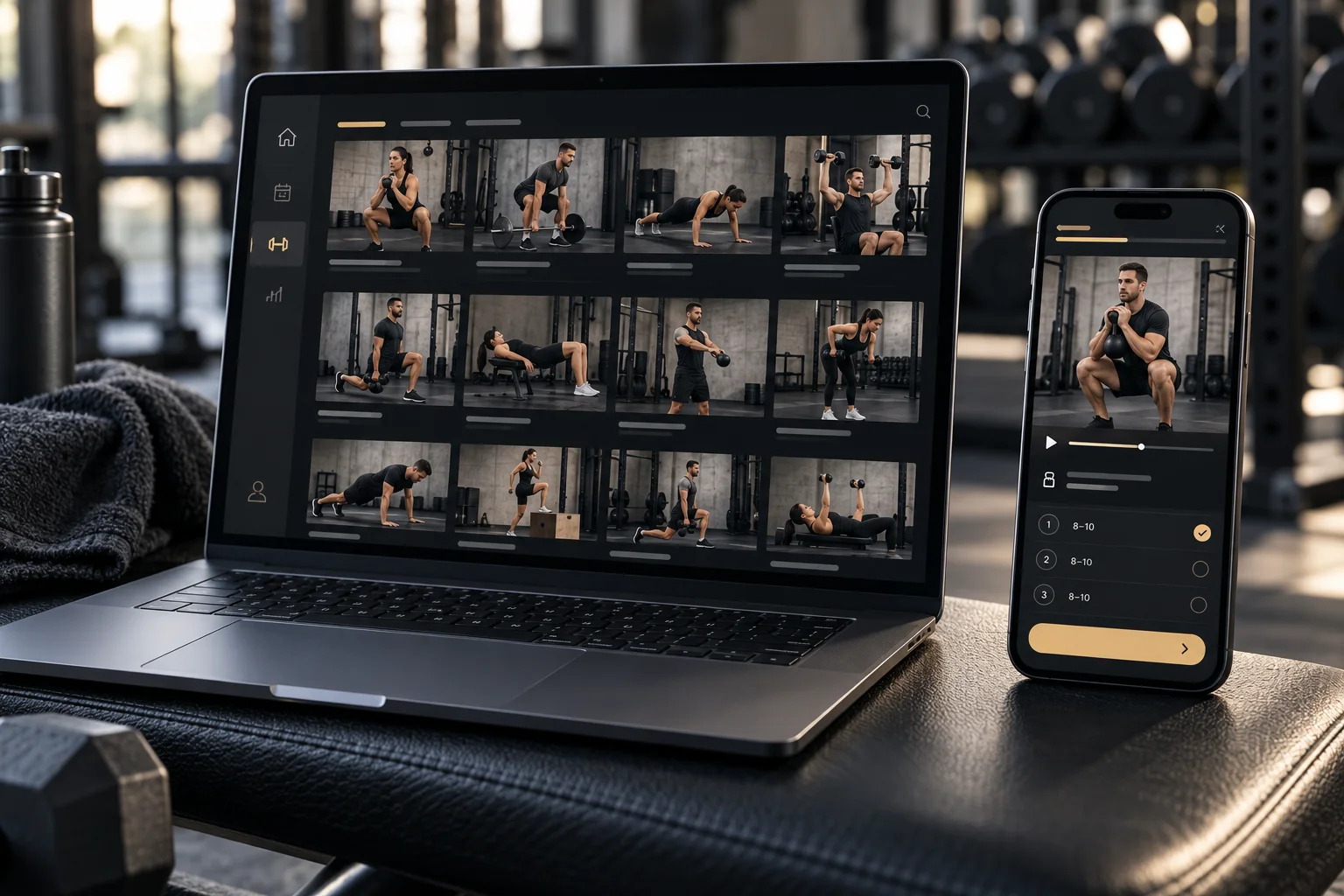 Fitness app concept shown on a laptop and smartphone