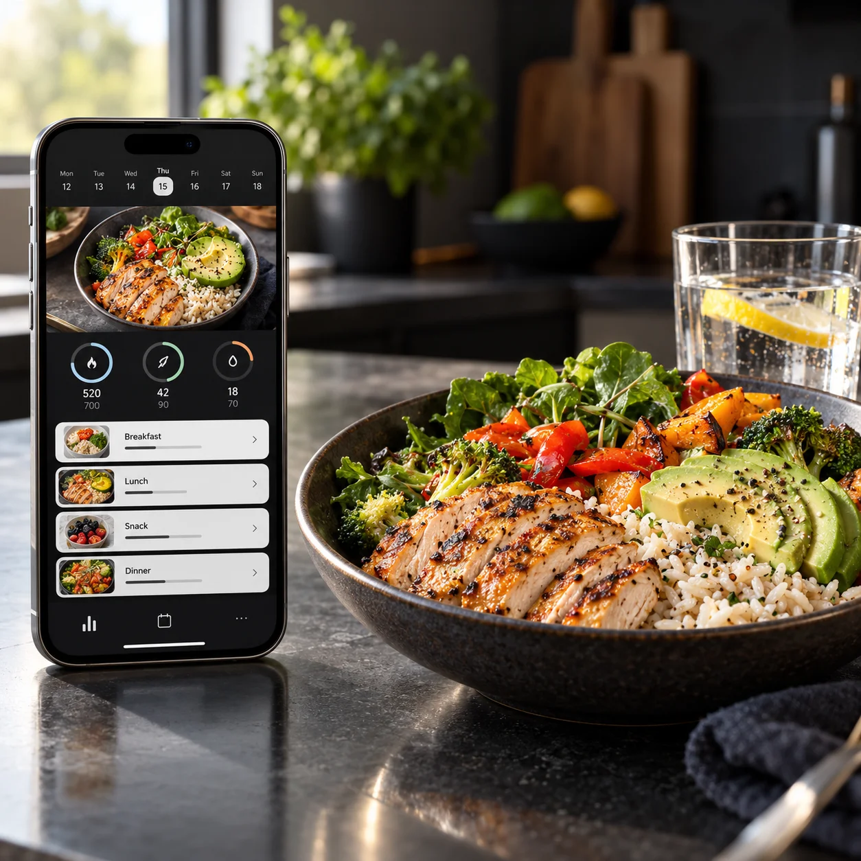 Illustrative nutrition app and balanced meal
